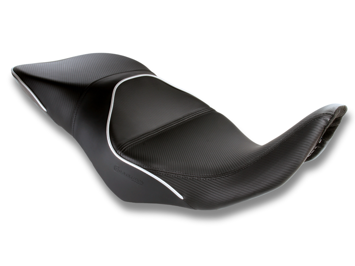 Sargent Cycle Products' REVolution OEM Motorcycle Seat Upgrade for the Suzuki V-Strom 800 2023+ shown with CFX, silver welt, low version.